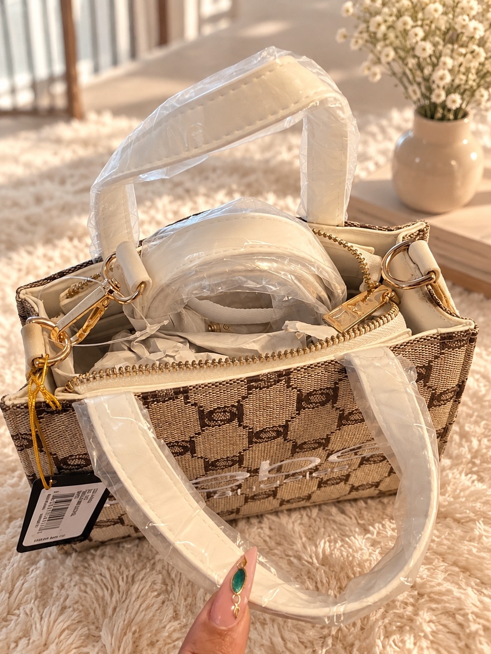 bebe Beige Logo Jacquard Mini Tote with Gold Accents - Picture 2 of 2